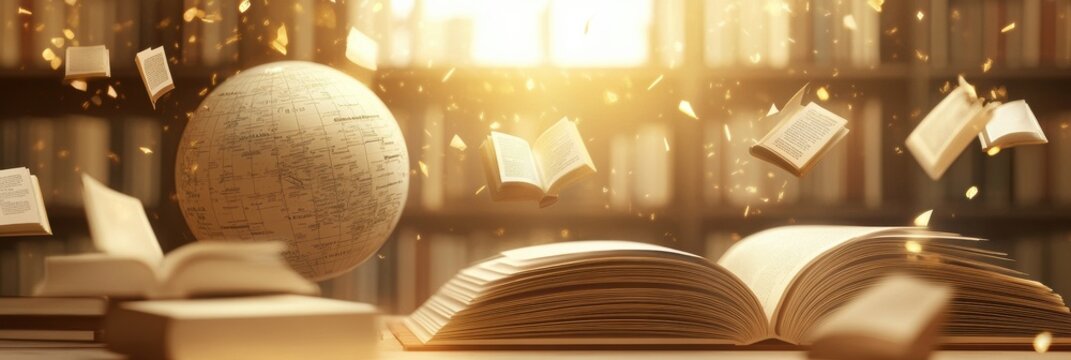 Creative educational background featuring a paper globe and flying books in warm tones inspired by academic success