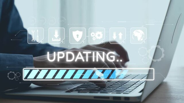 Hands are seen typing on a laptop with a digital interface displaying an updating progress bar, symbolizing software upgrades and modern technology interactions. Qubit