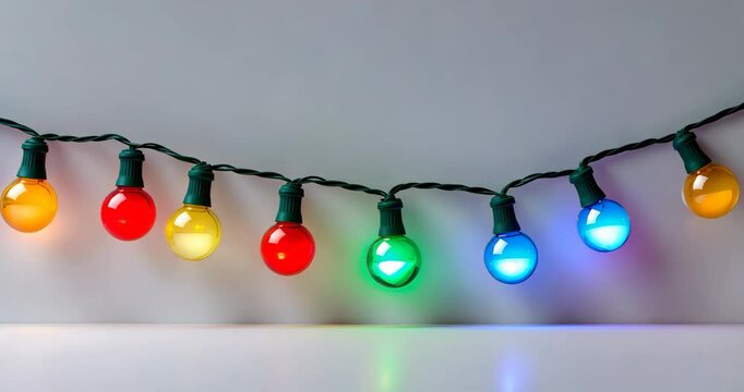 Border of colorful holiday light string for festivities isolated on white