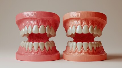 Obraz premium Dental models comparison, studio, beige backdrop, before & after