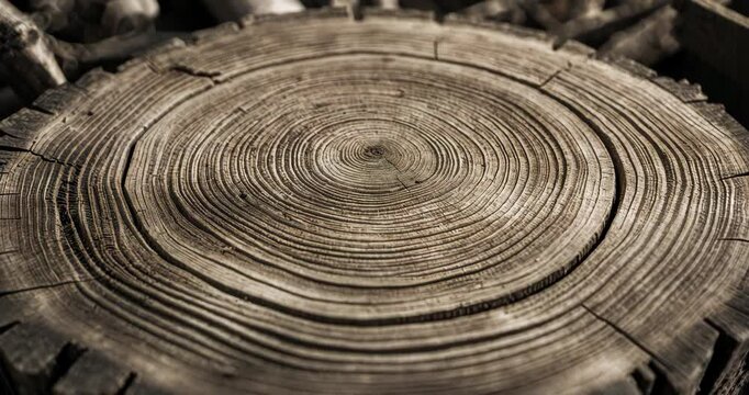Black and white sepia end surface of a tree. Detailed sanded texture of a cut trunk or stump. Smooth organic texture of tree rings with a close-up view of the end grain.