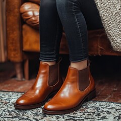 a rich chestnut leather Chelsea boot with a sleek silhouette, soft natural lighting, warm and inviting composition