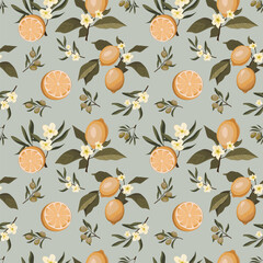 seamless pattern with lemons and olives on a blue background