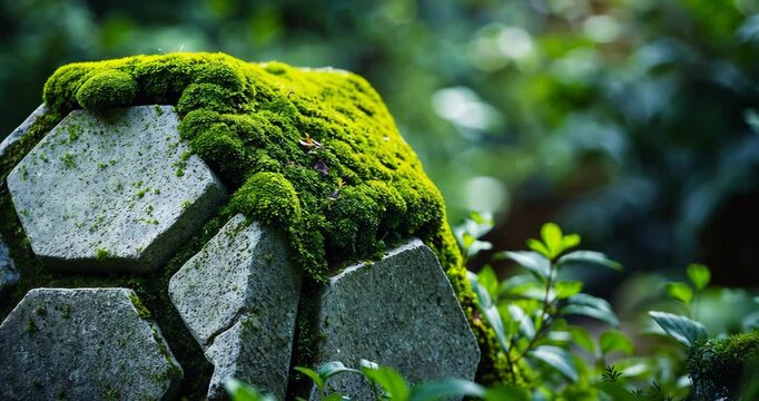 A detailed perspective of a stone featuring a hexagonal pattern covered in moss, encircled by lively greenery.