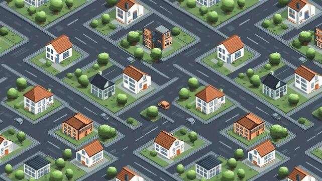 Seamless looping isometric video pattern of pixel houses and roads in neat blocks.