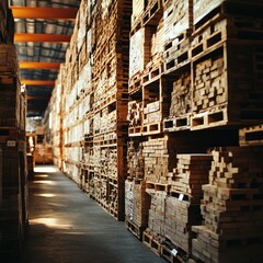 Fototapeta premium A row of wooden pallets in a large storage facility, each stacked with different types of materials--bricks, metals, and machinery--organized and ready for use.
