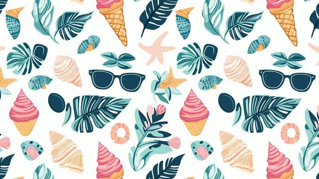 Seamless looping video pattern of pastel seashells and tropical leaves.