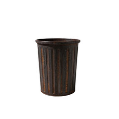 A weathered, rusty metal trash can stands alone, a silent testament to time and urban decay against a stark transparent background.