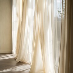 A set of light, sheer curtains gently swaying on a white wooden curtain rod, letting soft sunlight filter into the room, airy and peaceful.