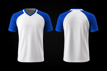 front and back view of blue and white sports jersey on black background, high-resolution mockup for showcasing sportswear, 3d athletic uniform design concepts