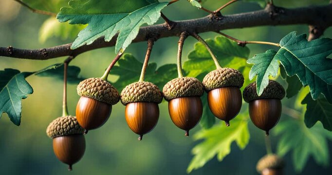 A close-up image of multiple acorns suspended from a tree branch, encircled by lush green leaves. The acorns are at different stages of ripeness.