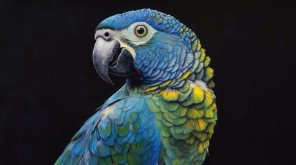Obraz premium A close-up of a blue-fronted amazon parrot, with its sharp gaze and vibrant blue, green, and yellow feathers.