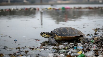 Fototapeta premium Turtle on Shore Surrounded by Pollution and Plastic Waste in Urban Waterbody Environment