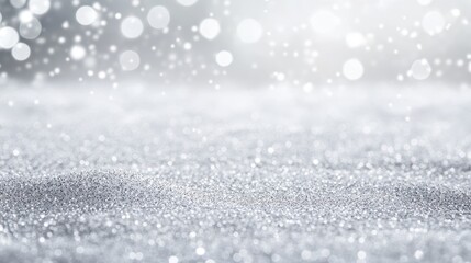 Silver Glitter Snowfall Festive Bokeh Background.