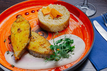 Grilled fresh red fish lies on a plate along with a side dish and sauce. delicious fresh wholesome food in the restaurant. cutlery on a napkin. close-up