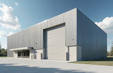 Obraz premium Contemporary minimalist warehouse exterior. Sleek corrugated metal facade, large garage door. Modern architecture, blue sky. Commercial real estate, industrial park, business premises. New