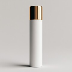 a sleek white tube with a metallic gold cap, unbranded, standing against a clean neutral background, elegant and modern aesthetic