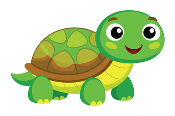 Obraz premium Cartoon Green Turtle With Brown Shell and Big Eyes Smiling, Isolated on White Background