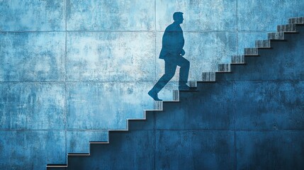 Silhouette of a man walking up concrete stairs against a blue textured wall.