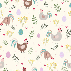 Easter pattern with chikens, eggs, green brunches, flowers, dots and hearts