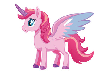 Naklejka premium Cartoon Pink Unicorn with Wings, Magical Horn, Shiny Blue Eyes, Curled Mane and Tail