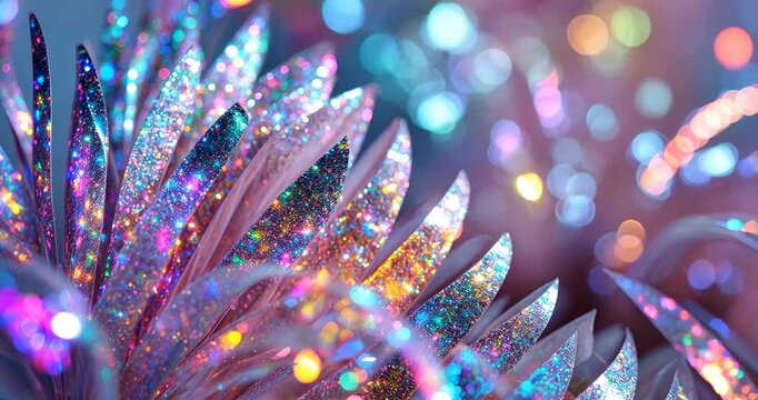 Abstract vibrant festive party background texture featuring cheerful holographic curly metallic foil designs with bright shiny crystal reflections and glittering bokeh light effects.