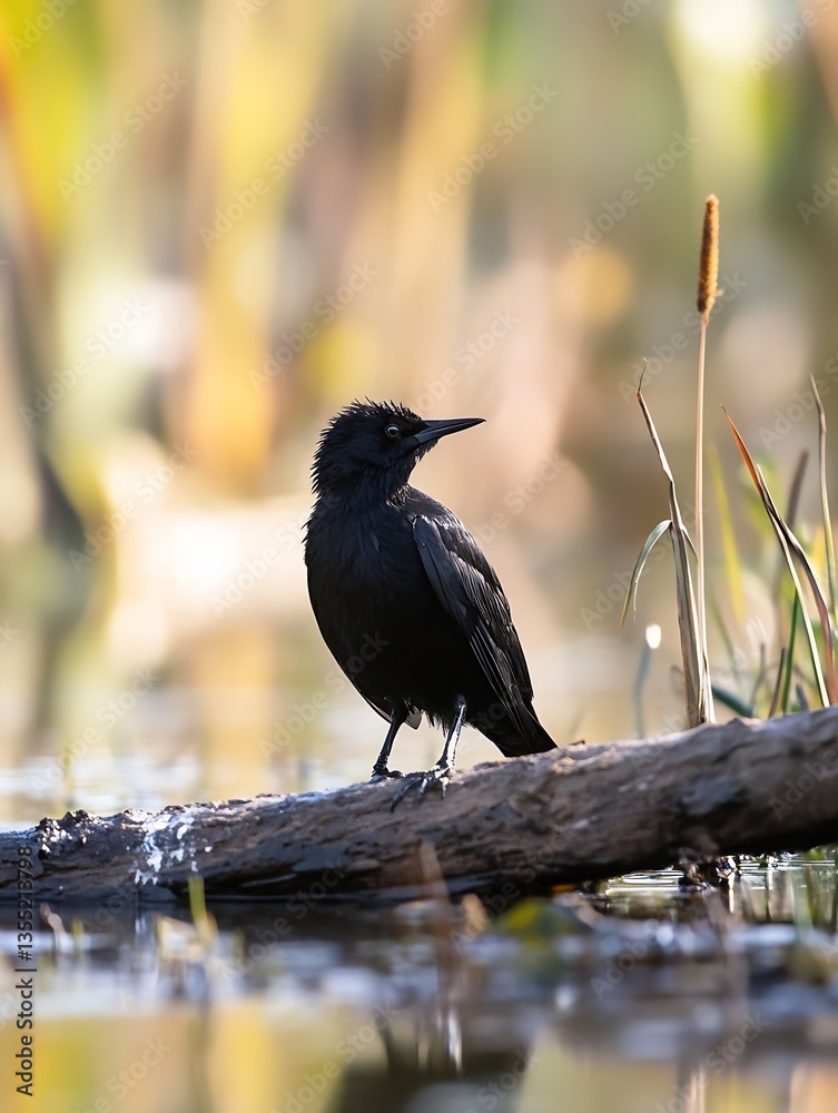 Poster black bird standing on a log near water surrounded by natural greenery : generative ai