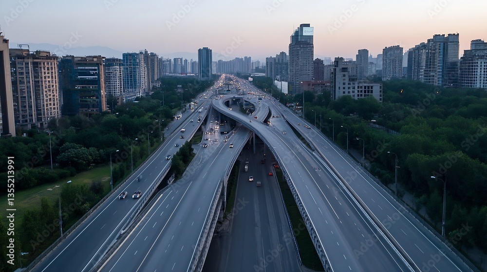 Poster Dynamic urban highway scene at dusk with busy traffic and towering city buildings in the background : Generative AI