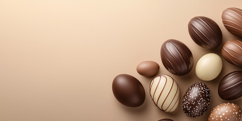 Easter wallpaper with chocolate eggs on a beige background with copy space