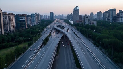 Naklejka premium Dynamic urban highway scene at dusk with busy traffic and towering city buildings in the background : Generative AI