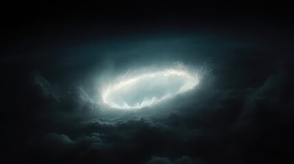 Dark clouds reveal a luminous, oval-shaped hole