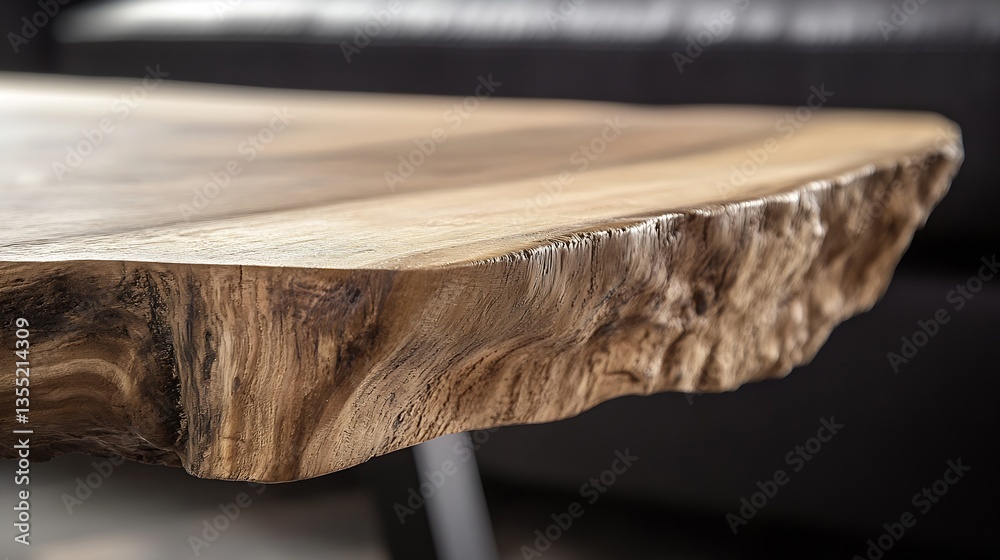 Poster closeup view of a unique wooden table showcasing natural grain and texture set in a stylish contempo