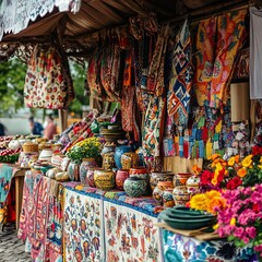 Fototapeta premium A traditional Ukrainian market, with stalls selling colorful fabrics, handcrafted pottery, and fresh produce, the smell of bread and flowers in the air, vibrant and authentic.