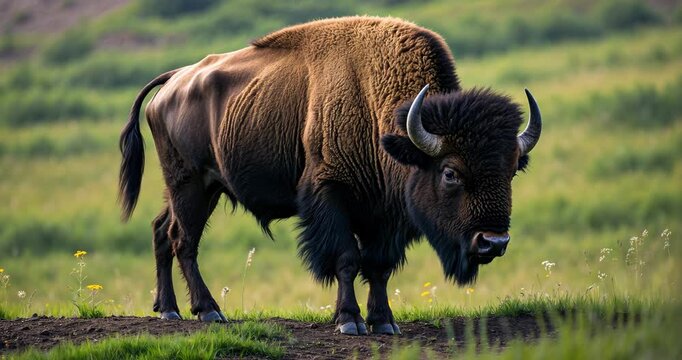 Bison roaming in their meadow and eating for sustenance.