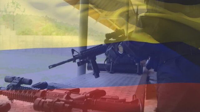 Holding rifle at shooting range with Colombian flag overlay, person practicing aim