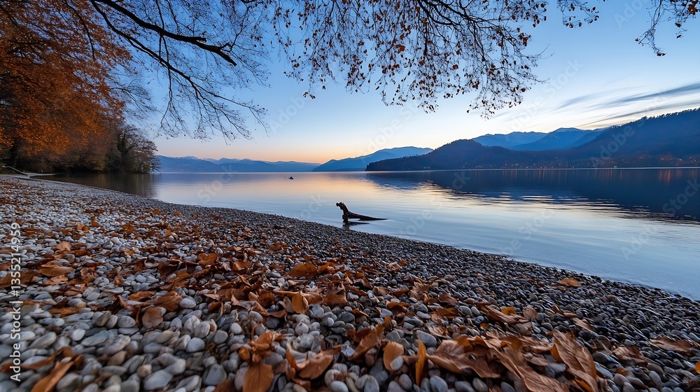 Aufkleber tranquil lakeside scene during autumn showcasing calm waters and colorful fallen leaves : generative
