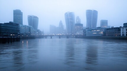 Fototapeta premium Mysterious Foggy Cityscape Highlighting Modern Skyscrapers Reflected in Calm Water : Generative AI