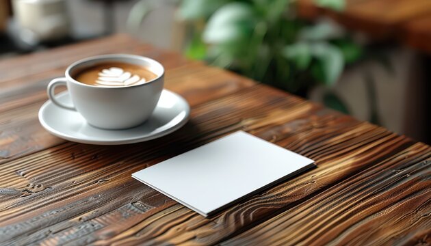 A white coffee cup with a leaf design sits on a wooden table next to a blank pie