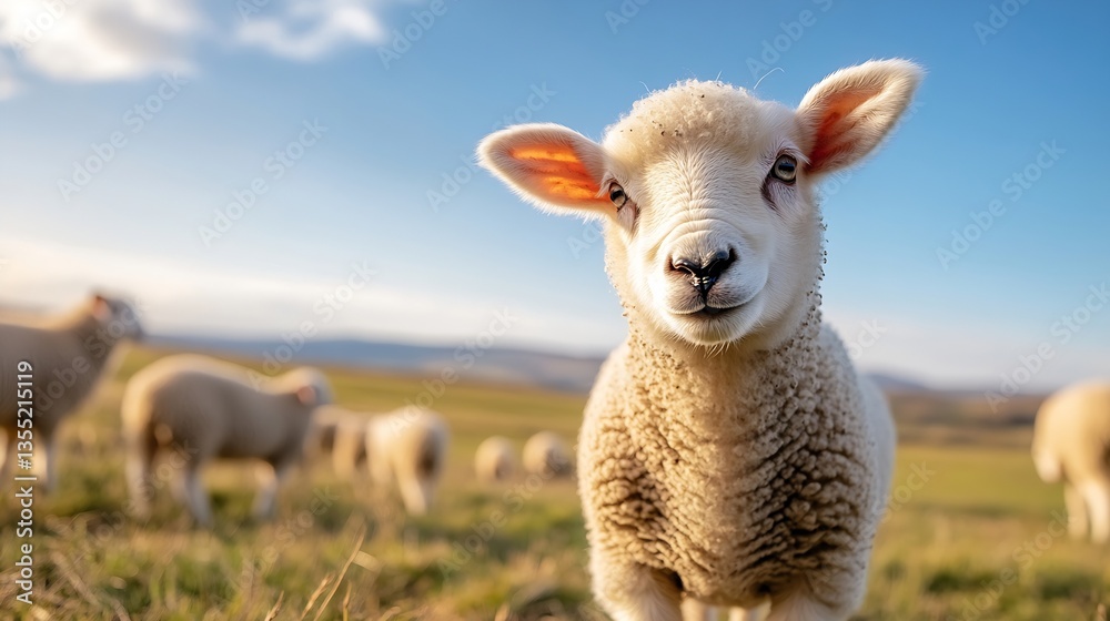Poster adorable sheep looking curiously in a peaceful countryside setting surrounded by grazing flock : gen