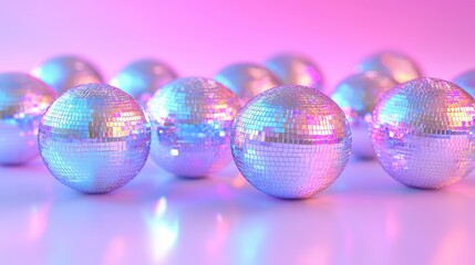Disco balls reflecting neon light on pink background