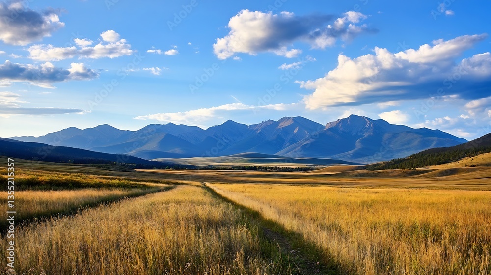 Poster expansive landscape of rolling hills and mountains under a beautiful cloudy sky in a golden field : 