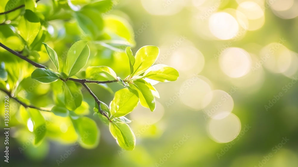 Aufkleber Close up of vibrant green leaves with soft natural light and bokeh background for a serene atmosphere : Generative AI