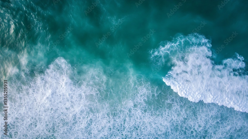 Poster Aerial View of Gentle Ocean Waves Crashing Against the Shore Creating Sea Foam : Generative AI