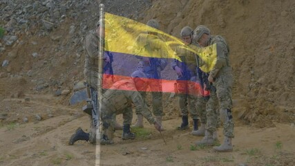 In animation, military personnel in camouflage standing with Colombian flag overlay - Powered by Adobe