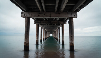 Tranquil wooden pier over calm water, peaceful seaside escape, Calm water reflection