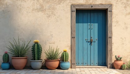 Blue door, cactus plants, potted flowers in front of home. Entrance to mediterranean house with rustic design. Old wooden door, blue color, traditional home decor, mexico.