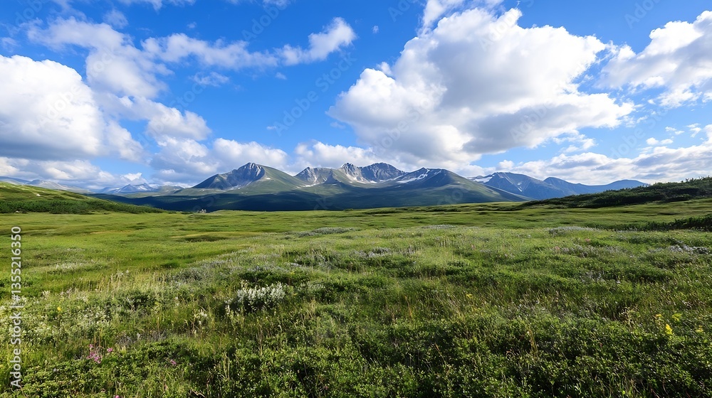 Aufkleber vast lush green meadow under bright blue sky with clouds and majestic mountain range in background :