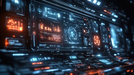 Fototapeta premium Futuristic interface with glowing displays and digital data.
