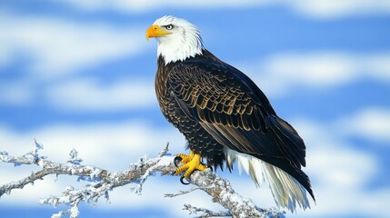 Obraz premium A breathtaking close-up of an American Bald Eagle perched on a tree branch, its feathers detailed against the blurred background of a blue sky and distant 
