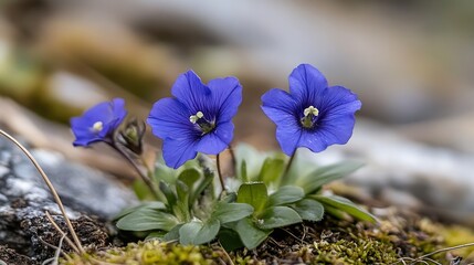 Beautiful purple flowers blooming on mossy ground capturing nature's vibrant colors and textures : Generative AI